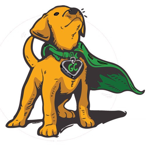 Black Service dog in red jacket surrounded by yellow and black puppies in green jackets